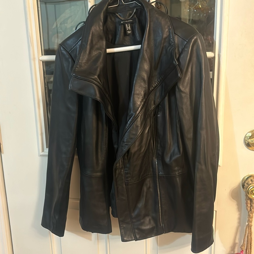 Halston black leather and suede zip up jacket side hidden pockets